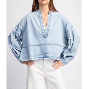 FREE PEOPLE We The Free Jude Denim Pullover Blue Crop Top Long Sleeve Small